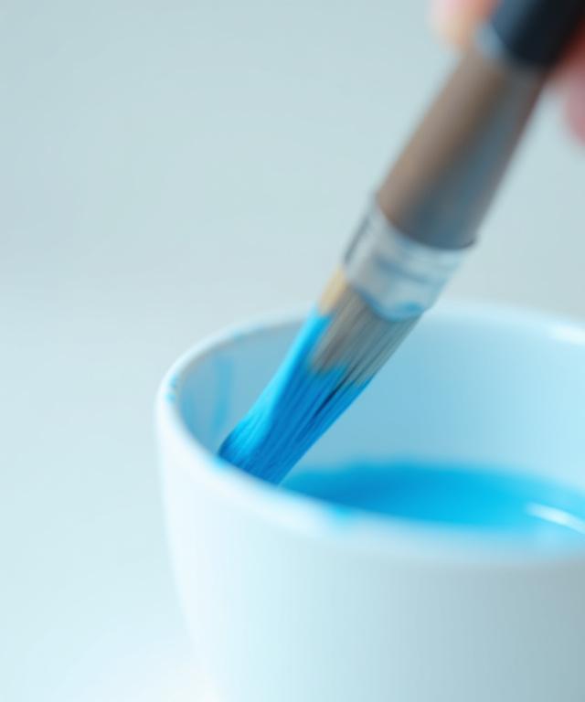 Un pennello sottile che applica un colore blu su una tazza di ceramica bianca.