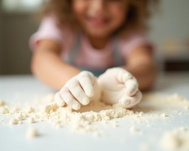 Le mani di un bambino coperte di farina durante un laboratorio di panificazione.