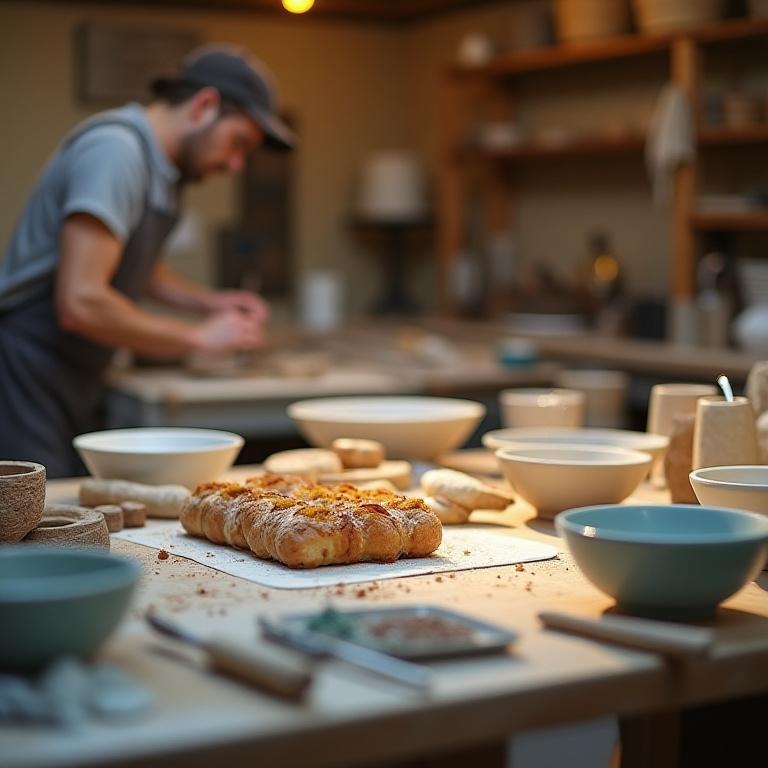 Interno del laboratorio Fornace Dolce con un tavolo da lavoro che mostra sia attrezzatura da pasticceria che utensili per la ceramica.