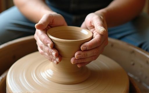 Una persona che modella un vaso d'argilla su un tornio da vasaio.